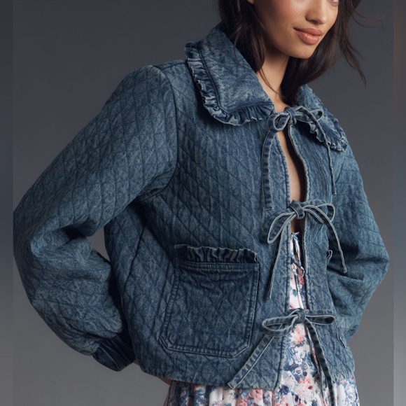 Avec Les Filles Jackets & Blazers - Anthropologie Blue Denim Quilted Jacket with Ruffled Collar